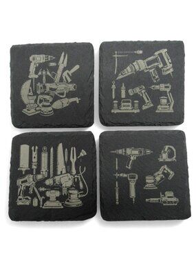 Slate Coaster Tool Themed Engraved Set Of 4 Square Gray 4"